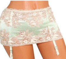 Victoria's Secret Dream Angels Aqua Floral Lace Skirted Garter Mesh Panty Sz L
