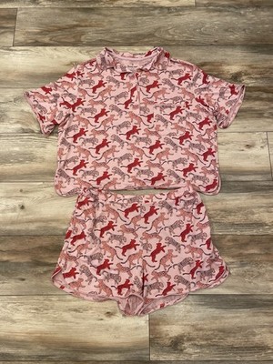 Tommy John Women's Downtime Pajama Short Set L Pink Leopard Tiger Print Soft