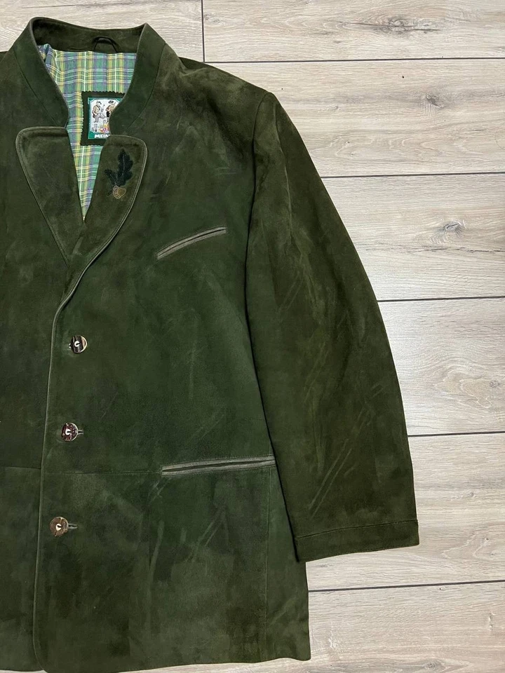 Men's Meindl Leather Trachten Loden Tyrol Hunting sz 56 50in Green Janker Jacket - Image 3 of 4