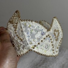 Vintage Bridal Lace Crown Tiara Gold Beaded Heart  Sequin Wedding Headpiece