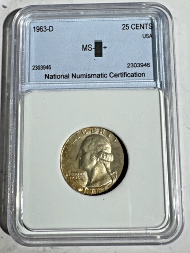 1963-D Washington Quarter 25C Graded MS by NNC - Uncirculated with Toning