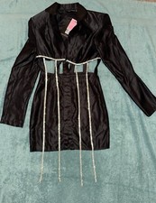 Women’s Pretty Little Thing Black Satin Blazer Dress Cut Out With Diamonte 