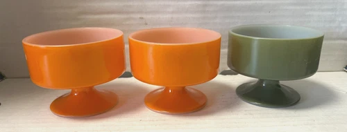 Vintage 3 Federal Glass Ice Cream Pedestal Dessert Glass Dishes, Orange & Green