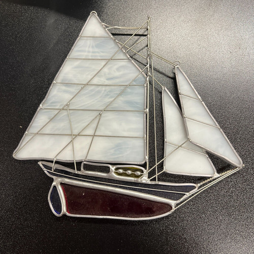 Vintage Stained Glass Sailboat Schooner Suncatcher Nautical Beach Decor 7.5" LG