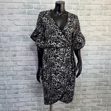 Leota Womens M Black White Autumn Leaves Waist Tie Wrap Dress Tulip Sleeves