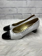 Vintage Saks Fifth Avenue Square Cap Toe Heels Size 8 B Black White Dot