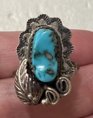 Vintage Native American Navajo Sterling Silver Turquoise Leaf Design Ring  Sz
