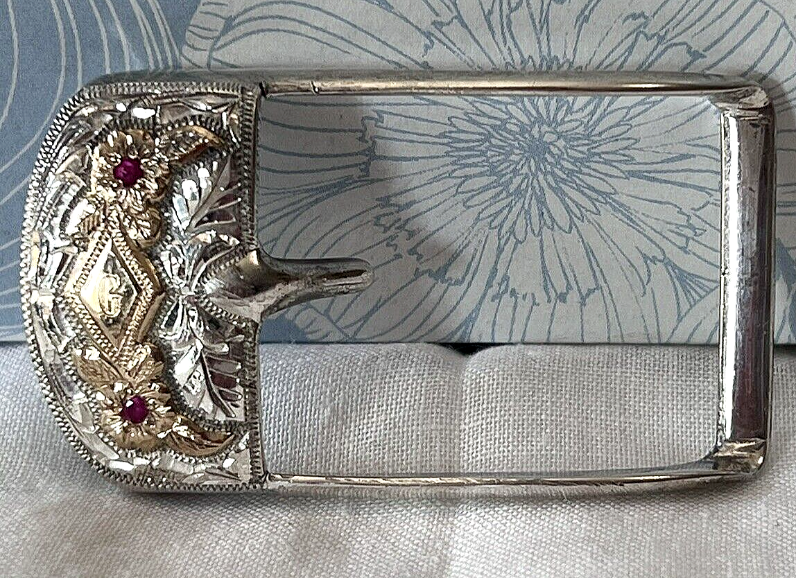 Antique Sterling Silver 10k Gold Rubies Hamley Co Flowers Belt Buckle Signed