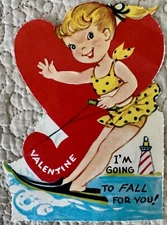 Unused Valentine Girl Falling For You Water Ski Vtg Greeting Card 1950s 1960s A