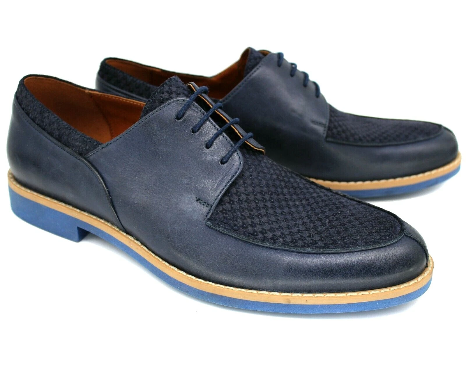 *D85 UK7 NEW MENS LACUZO NAVY LEATHER EMBOSS CASUAL SHOES LACE UP BLUE SOLE EU41