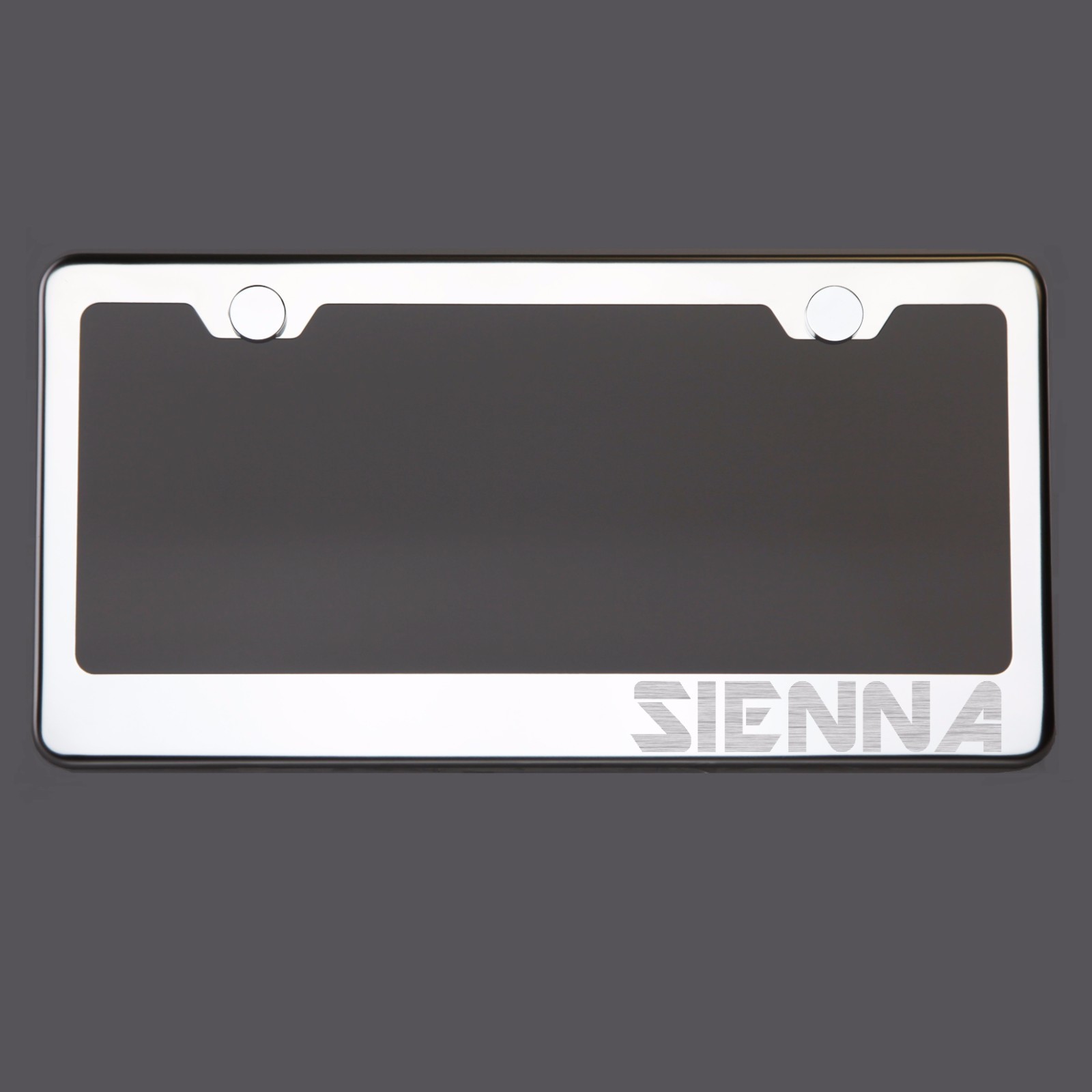 Mirror Chrome License Plate Frame with SIENNA Laser Engraving and Metal Screw Caps-image