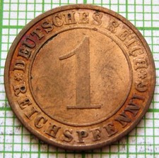 GERMANY WEIMAR REPUBLIC 1925 A 1 REICHSPFENNIG, SHEAF OF WHEAT Copper