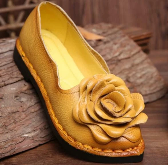 Retro Women's Ladies Leather Floral Decor Shoes Casual Outdoor Slip On Loafers - Image 3 of 4