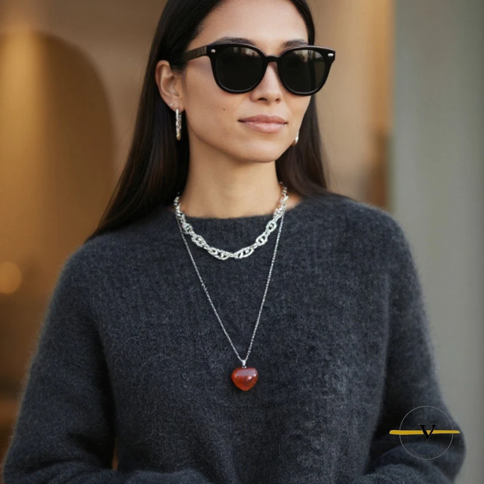 COLLANA DONNA ARGENTO 925 RODIATO CON CUORE IN AGATA ROSSA PIETRA DURA NATURALE - Immagine 4 di 4