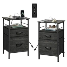 Night Stand Set 2, Black Nightstand with Charging Station, Bedside Tables for...