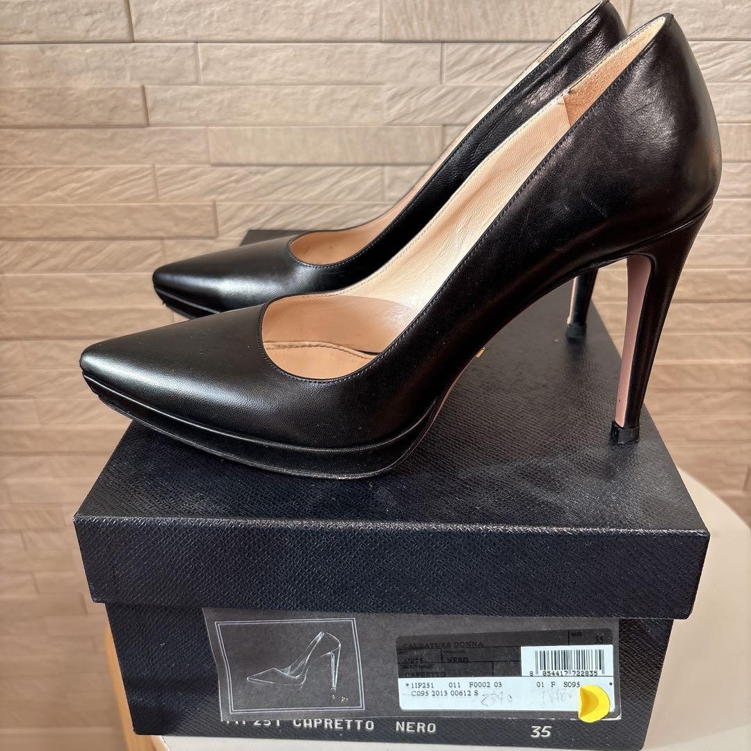 Rare PRADA CAPRETTO NERO Black Leather High Heels Size 35 Pointed Toe 9cm Heel image 3