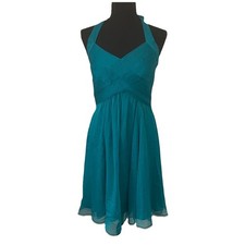 THE LIMITED EVENT Sz 4 Teal Blue Tie Halter Neck Fit Flare Cocktail Pleated