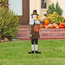 Glitzhome 36" H Metal Thanksgiving Pilgrim Boy Decorative Yard Signs, Wall Decor