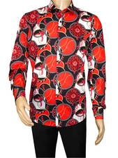 Men's AVM Crystal Shirt Medallion Cotton Turkey Slim Fit 15651-01 Red/Black