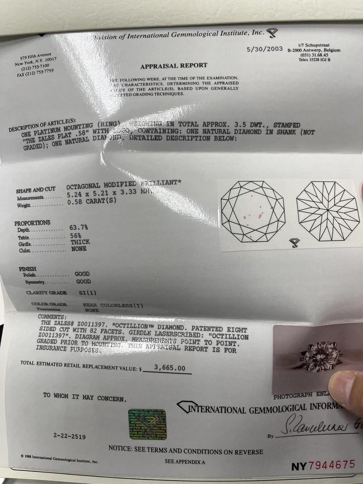 Anillo solitario octágono platino The Zales diamante 0,58 quilates I-Si1 tamaño 6,5 certificado IGI Foto 4 de 4