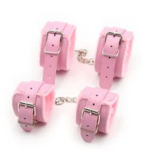 Pink PU Leather Handcuffs Ankle Cuff with Fluffy Restraints Kit Bondage Set BDSM