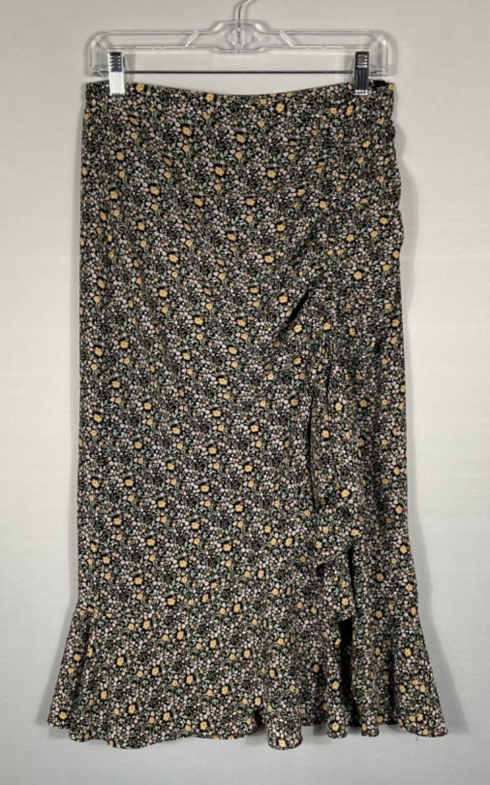 Max Studio Skirt Womens Med Black Yellow Floral Ruched Ruffled Slit Zip Up