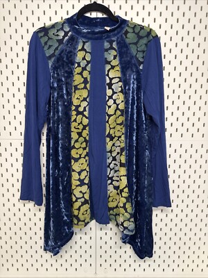 LOGO Lavish by Lori Goldstein Rayon 230 Pieced Velvet Top Blue Textured Sz Med