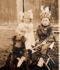 RPPC Dog Girl Boy Indian With Tomahawk Real Photo Postcard
