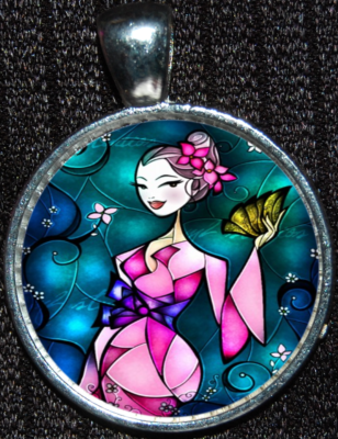 Disney Princess Fa Dress Pink Fan Flower Mulan Jewelry Silver Pendant  Necklace