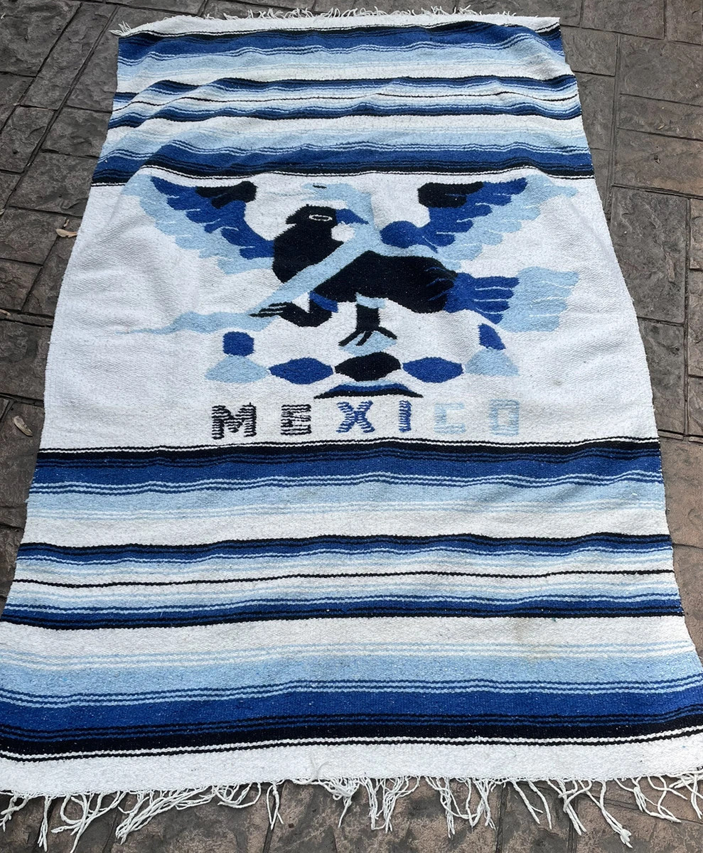 Mexican Hand Woven 44x66 Blanket Throw Blue and White With Freedom Bird Fringe