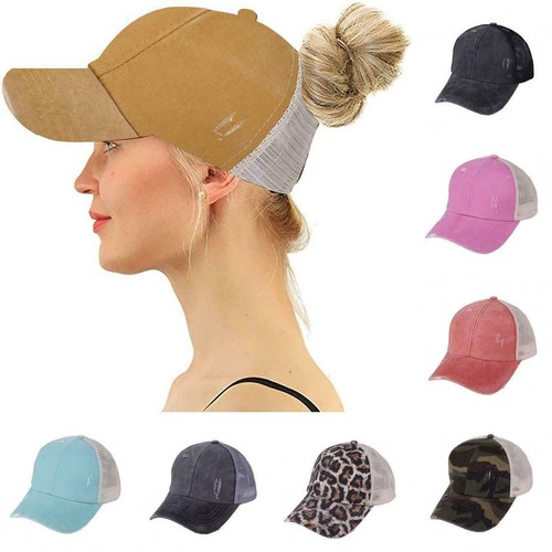Ponytail Cap Criss Cross Cap Ripped Messy Bun Adjustable Mesh Baseball Hat - Picture 3 of 17