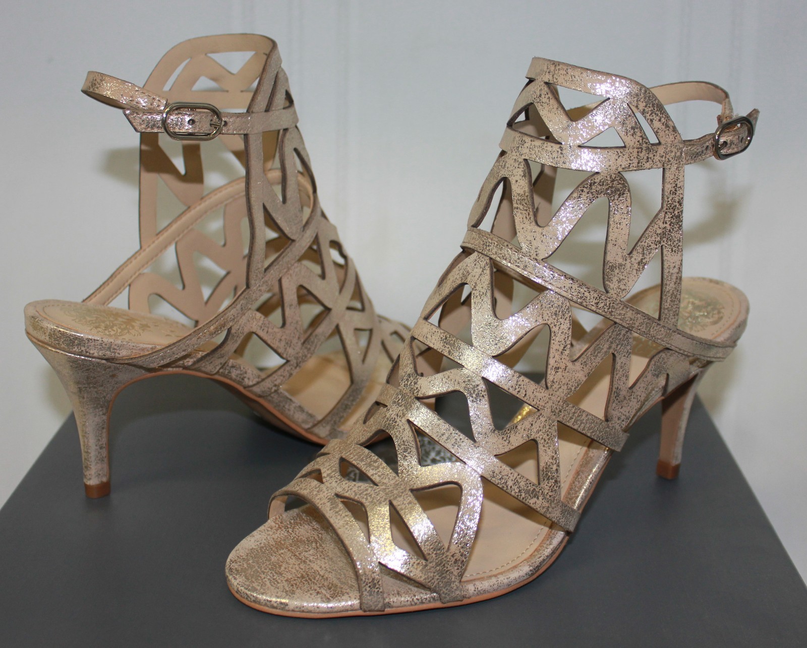 Vince Camuto Prisintha cage strappy leather dress sandals metal beige dust  NEW | eBay