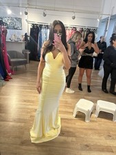La Femme Rhinestone Ruched Jersey Prom Dress With Lace Up Back In Pale Yellow