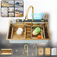 Gold 29.5 in Flying Rain Stainless Steel Waterfall Kitchen Sink Pull Out Faucet