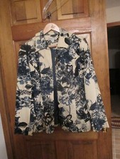 Coldwater Creek Floral Embroidered Sequin Open Front Jacket Blazer Ivory Blue 12