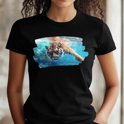 Frauen T-Shirt Tiger schwimmt im Ozean Motiv Baumwolle Größe S bis 3XL