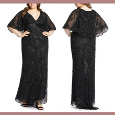 NWT $598 Mac Duggal [ 16W ] Floral Beaded Sequin Cape V-Neck Gown in Black G1811