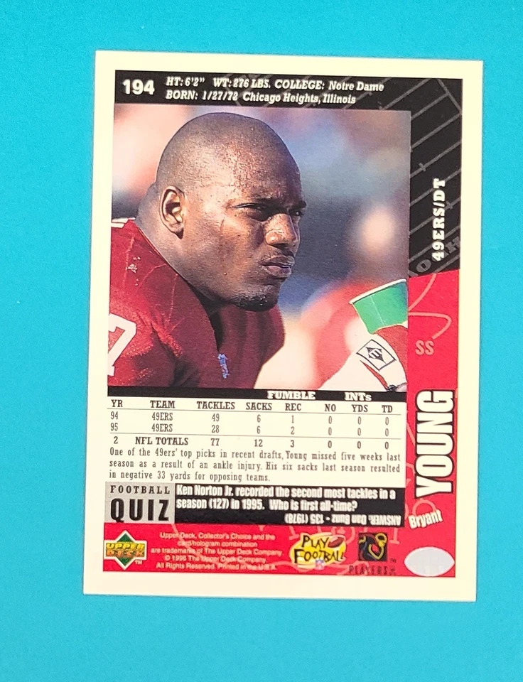 1996 Collector's Choice #194 Bryant Young San Francisco 49ers FOOTBALL Card W9 - Image 2 of 2