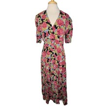 Vintage 80s 90s Maxi Pink Floral Shirt Dress Sz 11/12 EXPRESS Rayon Short Sleeve