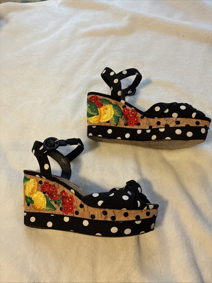 Dolce & Gabbana Knotted Polka Dot Wedges With Embroidered Lemons