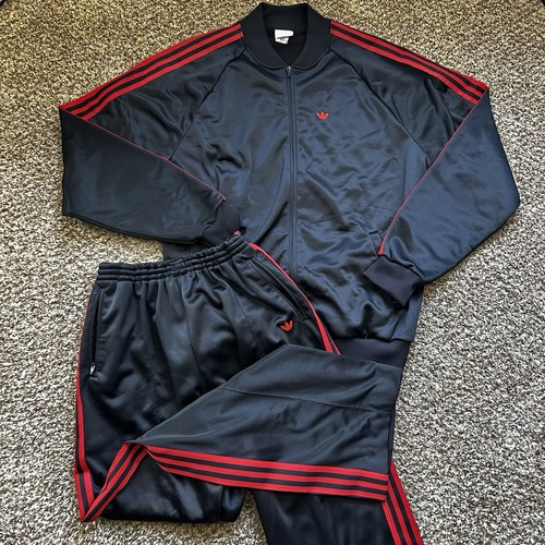 Vintage 80s Adidas Tracksuit Mens XLT Red Black Warm Up 3 Stripes Trefoil Logo