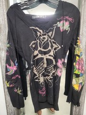 Y2K Ed Hardy Eternal Love Graphic Hoodie V-Neck Medium Black Tattoo Long Sleeve