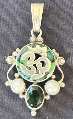 Sterling Silver 925 Om Religious Pendant Green Oval Stone Bezel Set Silver