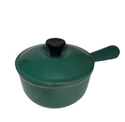 Le Creuset Green Enamel Cast Iron #14 Small Pot Sauce Pan Lid France Vintage
