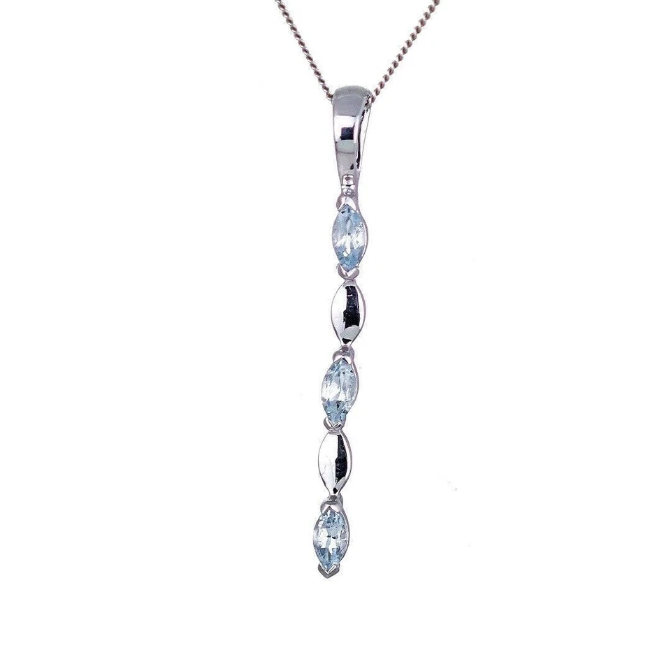9ct White Gold Aquamarine Necklace Natural Blue Marquise Gemstone - Image 4 of 4