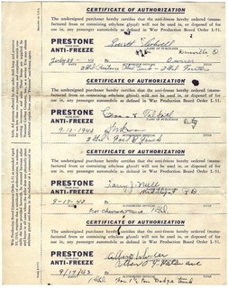 WWII 1943 Prestone Anti Freeze Certificates of Authorization Used