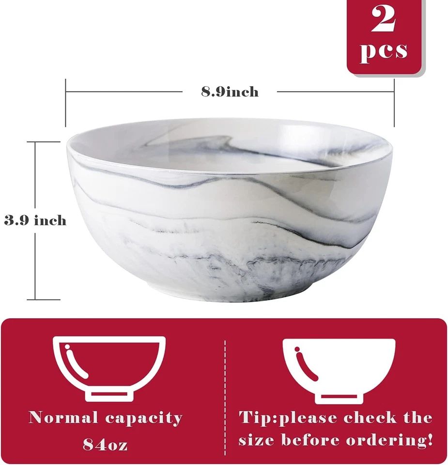 9'' Deep Large Mixing Bowl, 84 oz Porcelain Serving Bowl, Set of 2- Gray Marbled - Image 2 of 4
