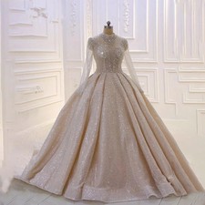 Luxury Wedding Dresses High Neck Long Sleeve Women Bride Ball Gown Sweep Train