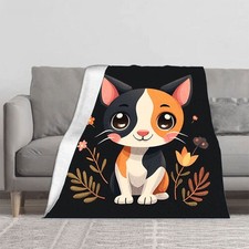 Cozy Flannel Blanket with Cute Cartoon Cat Design - Color Whimsical Flowers