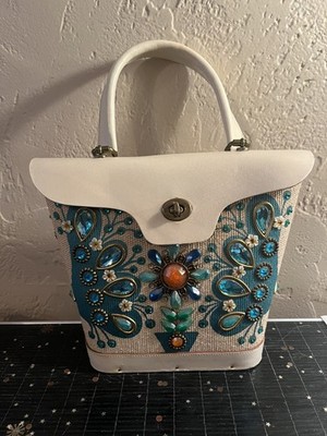 ENID COLLINS EC PAVAN TEXAS JEWELED PEACOCK CANVAS WOOD BUCKET HANDBAG PURSE